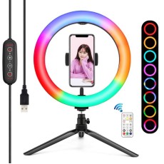Puluz PKT3082B Portable LED Ring Lamp RGBW Full Color 10 inch Tri-Pod / USB Cable and Wireless Remote Control - Melns - Riņķa lampa, dienas gaismas statīvs