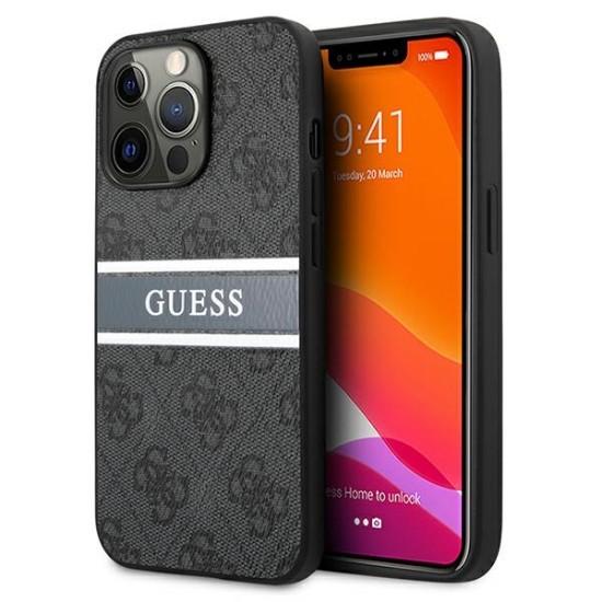 Guess 4G Stripe Collection Back Case GUHCP13L4GDGR priekš Apple iPhone 13 Pro - Pelēks - mākslīgās ādas aizmugures apvalks / bampers-vāciņš