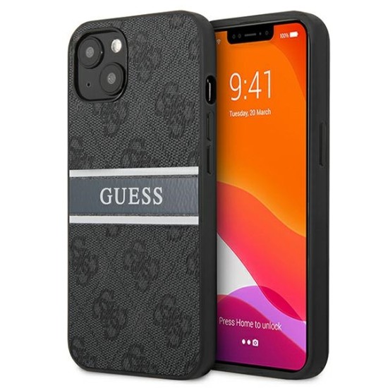 Guess 4G Stripe Collection Back Case GUHCP13M4GDGR priekš Apple iPhone 13 - Pelēks - mākslīgās ādas aizmugures apvalks / bampers-vāciņš