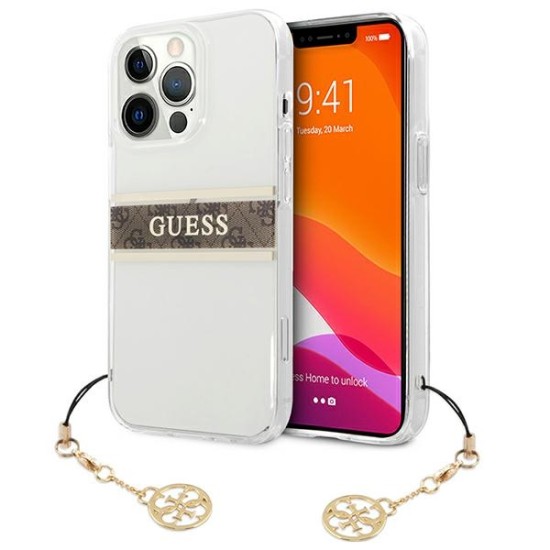 Guess 4G Brown Strap Charm Collection Back Case GUHCP13LKB4GBR priekš Apple iPhone 13 Pro - Caurspīdīgs - silkona-plastikāta aizmugures apvalks / bampers-vāciņš