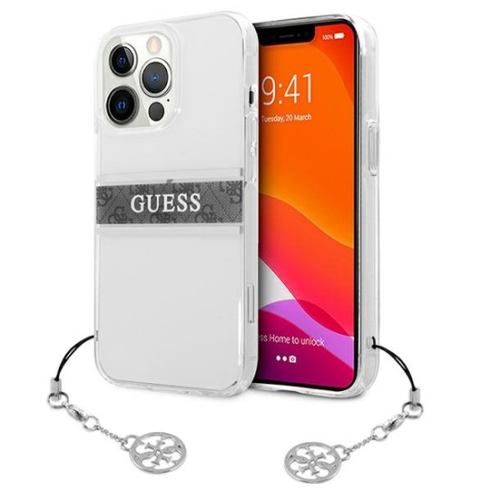 Guess 4G Grey Strap Charm Collection Back Case GUHCP13LKB4GGR priekš Apple iPhone 13 Pro - Caurspīdīgs - silkona-plastikāta aizmugures apvalks / bampers-vāciņš