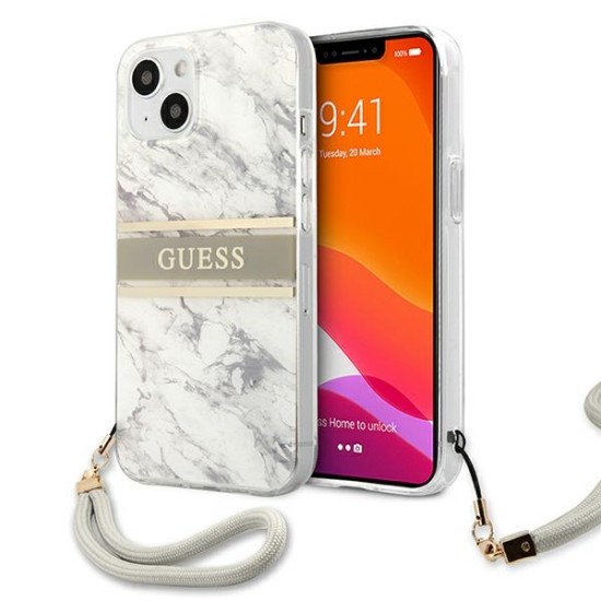 Guess Marble Strap Collection Back Case GUHCP13MKMABGR priekš Apple iPhone 13 - Pelēks - silkona-plastikāta aizmugures apvalks ar auklu / bampers-vāciņš