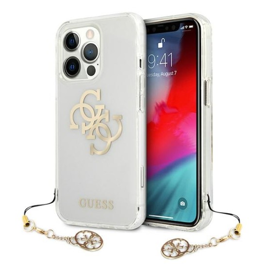 Guess 4G Gold Charms Collection Back Case GUHCP13XKS4GGO priekš Apple iPhone 13 Pro Max - Caurspīdīgs - silkona-plastikāta aizmugures apvalks / bampers-vāciņš