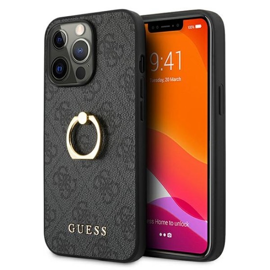 Guess 4G Ring Stand Collection Back Case GUHCP13L4GMRGR priekš Apple iPhone 13 Pro - Pelēks - mākslīgās ādas aizmugures apvalks ar gredzenu / bampers-vāciņš