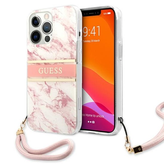 Guess Marble Strap Collection Back Case GUHCP13LKMABPI priekš Apple iPhone 13 Pro - Rozā - silkona-plastikāta aizmugures apvalks ar auklu / bampers-vāciņš