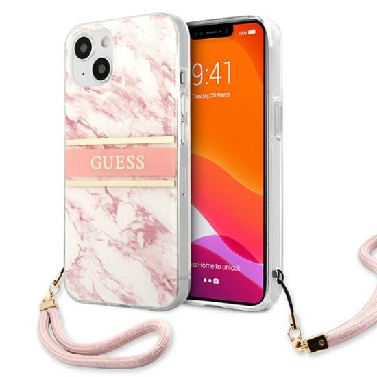 Guess Marble Strap Collection Back Case GUHCP13MKMABPI priekš Apple iPhone 13 - Rozā - silkona-plastikāta aizmugures apvalks ar auklu / bampers-vāciņš