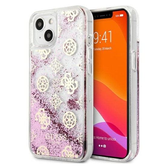 Guess Peony Liquid Glitter Collection Back Case GUHCP13MLGPEPI priekš Apple iPhone 13 - Rozā - silkona-plastikāta aizmugures apvalks / bampers-vāciņš