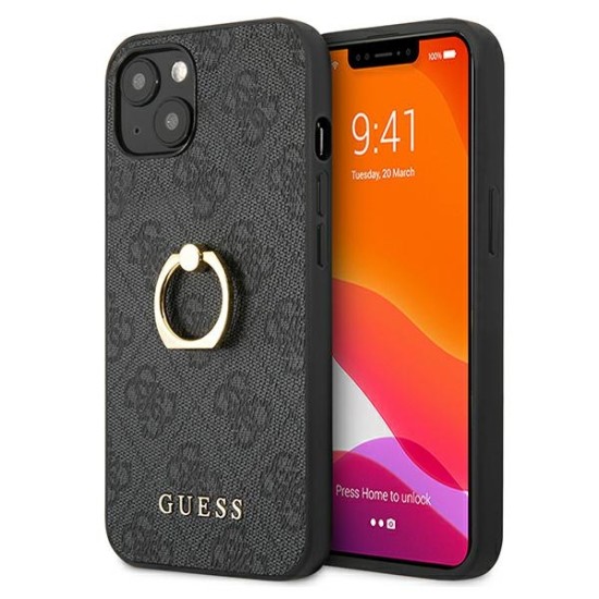 Guess 4G Ring Stand Collection Back Case GUHCP13S4GMRGR priekš Apple iPhone 13 mini - Pelēks - mākslīgās ādas aizmugures apvalks ar gredzenu / bampers-vāciņš