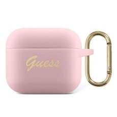Guess GUA3SSSI Silicone Vintage Script Case priekš Apple Airpods 3 - Rozā - silikona apvalks bezvadu austiņu lādēšanas ierīcei