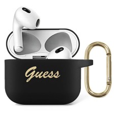 Guess GUA3SSSK Silicone Vintage Script Case priekš Apple Airpods 3 - Melns - silikona apvalks bezvadu austiņu lādēšanas ierīcei