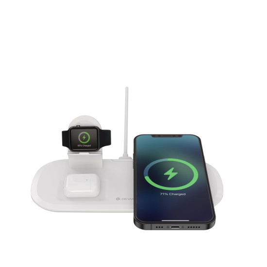Devia Smart 3in1 Wireless Charger 15W for Phone / Watch / Earphones - Balts - Universāls induktīvs bezvadu USB lādētājs paliktnis