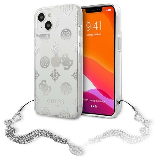 Guess Peony Chain Collection Back Case GUHCP13SKSPESI priekš Apple iPhone 13 mini - Sudrabains - silkona-plastikāta aizmugures apvalks / bampers-vāciņš