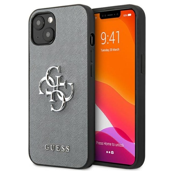 Guess 4G Saffiano Metal Logo Collection Back Case GUHCP13MSA4GSGR priekš Apple iPhone 13 - Pelēks - mākslīgās ādas aizmugures apvalks / bampers-vāciņš