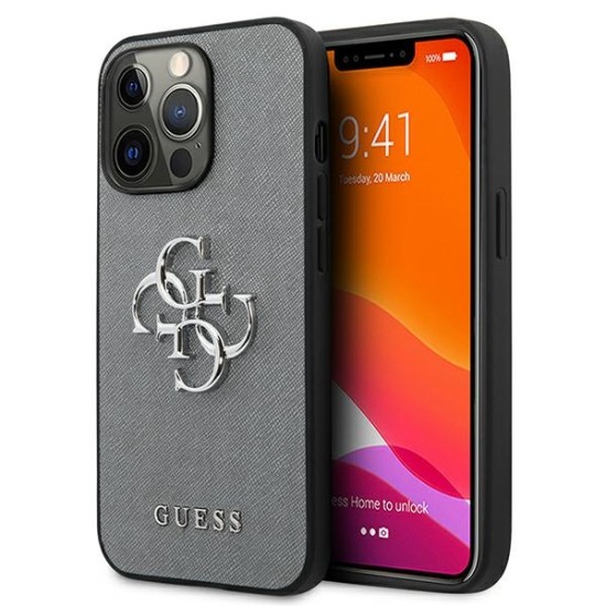 Guess 4G Saffiano Metal Logo Collection Back Case GUHCP13XSA4GSGR priekš Apple iPhone 13 Pro Max - Pelēks - mākslīgās ādas aizmugures apvalks / bampers-vāciņš