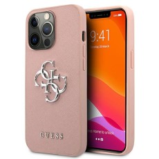Guess 4G Saffiano Metal Logo Collection Back Case GUHCP13XSA4GSPI priekš Apple iPhone 13 Pro Max - Rozā - mākslīgās ādas aizmugures apvalks / bampers-vāciņš
