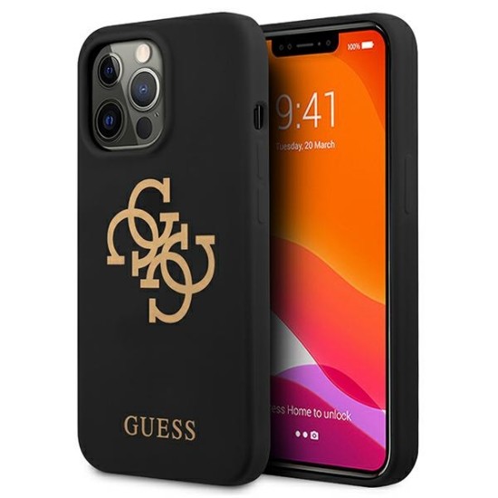 Guess 4G Logo Silicone Collection Back Case GUHCP13LLS4GGBK priekš Apple iPhone 13 Pro - Melns - silkona aizmugures apvalks / bampers-vāciņš