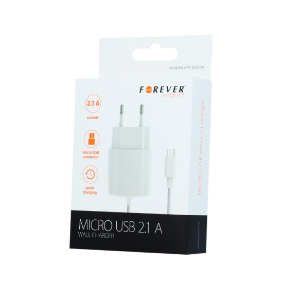 Forever Micro USB travel charger 2,1A Tīkla lādētājs ar microUSB vadu - Balts - USB tīkla lādētājs