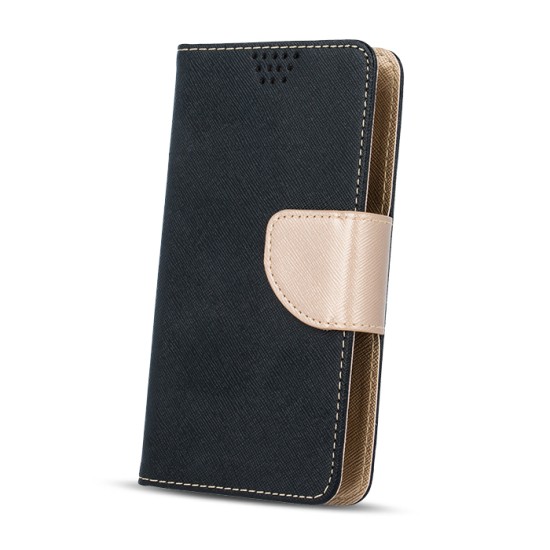 GreenGo Universal Smart Fancy priekš telefoniem ar ekrānu izmēru 4.7 - 5.3 inch (75 x 150 mm) - Melns/Zelts - universāls sāniski atverams maciņš ar stendu (ādas maks, grāmatiņa, leather book wallet case cover stand)