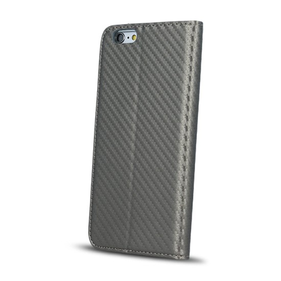 GreenGo Smart Carbon Magnet book case priekš LG K10 (2017) M250 - Pelēks - sāniski atverams maciņš ar stendu (ādas maks, grāmatiņa, leather book wallet case cover stand)