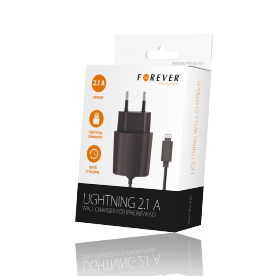 Forever Lightning 1,2m travel charger 2,1A iPad / iPhone Tīkla lādētājs ar vadu - Melns - Apple tīkla lādētājs