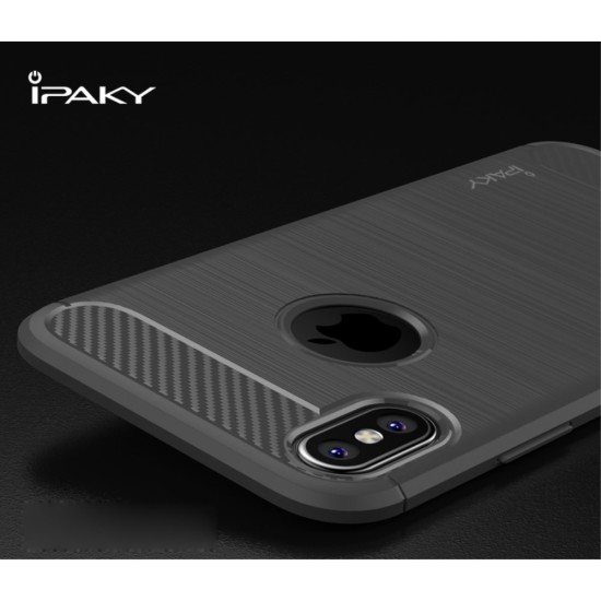IPAKY Brushed TPU Drop-proof Case priekš Apple iPhone X / XS with Carbon Fiber Decorated - Pelēks - Triecienizturīgs silikona aizmugures apvalks (bampers, vāciņš, slim TPU silicone case shell cover, bumper)