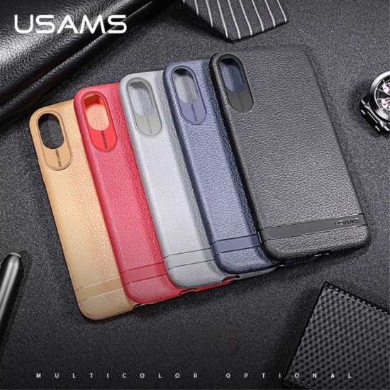 USAMS Litchi Skin PU Leather Coated TPU Back Case for Apple iPhone X / XS - Grey - ādas imitācijas silikona aizmugures apvalks (maciņš, bampers, vāciņš, slim cover, bumper, back case)