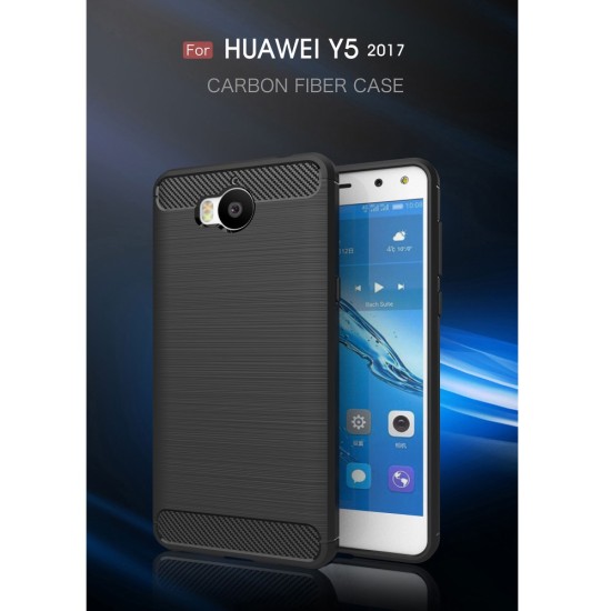 Carbon Fiber Brushed TPU Frosted Phone Case for Huawei Y6 (2017) - Black - triecienizturīgs silikona aizmugures apvalks (bampers, vāciņš, slim TPU silicone case shell cover, bumper)
