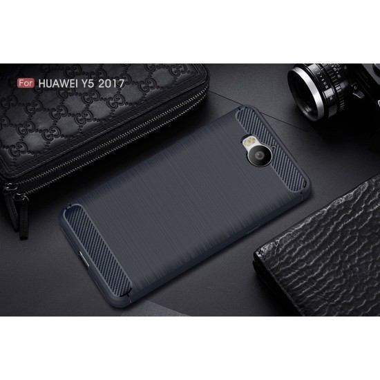 Carbon Fiber Brushed TPU Frosted Phone Case for Huawei Y6 (2017) - Dark Blue - triecienizturīgs silikona aizmugures apvalks (bampers, vāciņš, slim TPU silicone case shell cover, bumper)