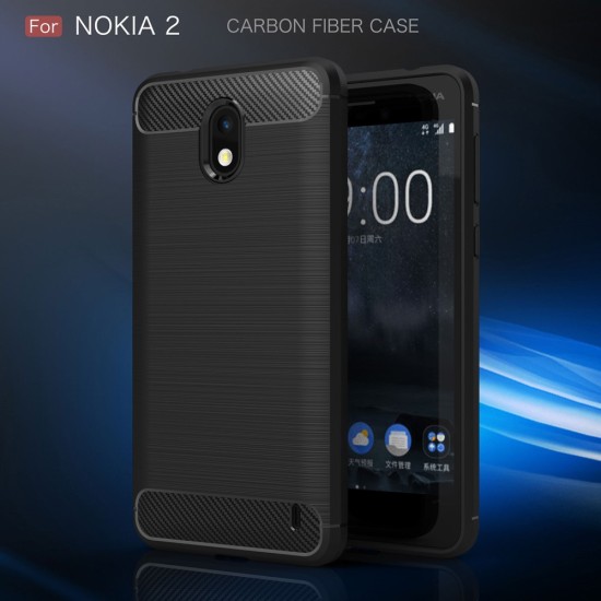 Carbon Fiber Brushed TPU Back Phone Case for Nokia 2 - Black - triecienizturīgs silikona aizmugures apvalks (bampers, vāciņš, slim TPU silicone case shell cover, bumper)