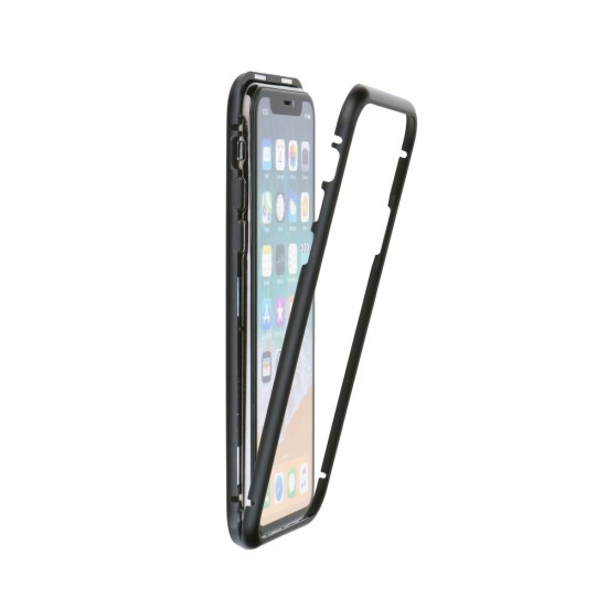 Magneto Aluminium Case with Back Tempered Glass and Silicone priekš Huawei P20 - Melns - alumīnija bampers ar aizmugures aizsargstiklu (vāciņš, TPU apvalks cover, bumper shell)