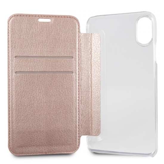 Guess Iridescent series GUFLBKI65IGLTRG priekš Apple iPhone XS Max - Rozā Zelts - sāniski atverams maciņš (ādas maks, grāmatiņa, leather book wallet case cover stand)