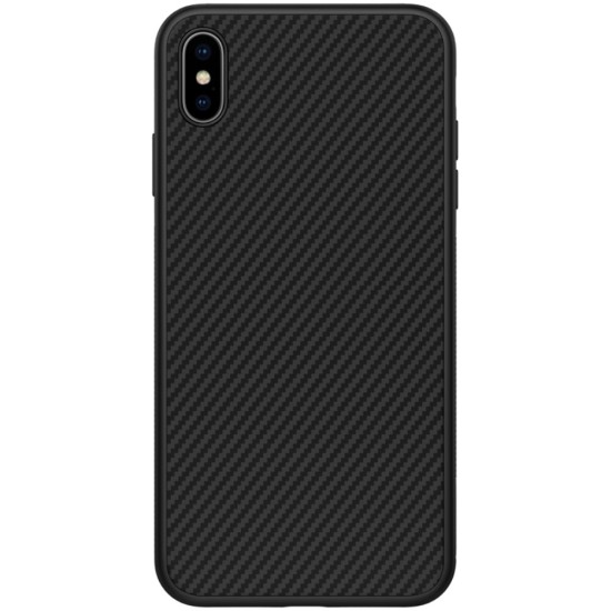 NILLKIN Synthetic Fiber Hard Plastic Case priekš Apple iPhone XS Max - Melns - plastikas aizmugures apvalks (bampers, vāciņš, PU back cover, bumper shell)