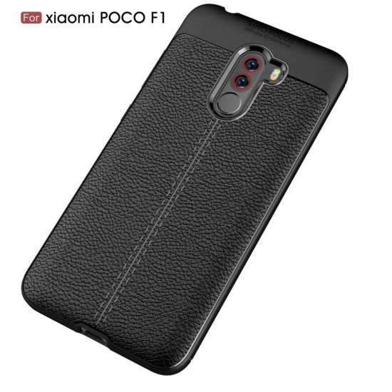 Litchi Skin PU Leather Coated TPU Mobile Phone Case for Xiaomi Pocophone F1 - Melns - ādas imitācijas triecienizturīgs silikona aizmugures apvalks (maciņš, bampers, vāciņš, slim cover, bumper, back case)