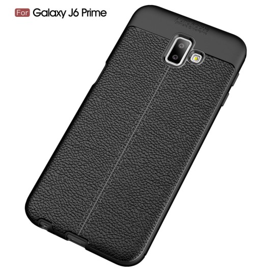 Litchi Skin PU Leather Coated TPU Mobile Phone Case for Samsung Galaxy J6 Plus (2018) J610 - Melns - ādas imitācijas triecienizturīgs silikona aizmugures apvalks (maciņš, bampers, vāciņš, slim cover, bumper, back case)