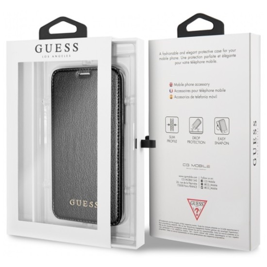 Guess Iridescent series GUFLBKPXIGLTBK priekš Apple iPhone X / XS - Melns - sāniski atverams maciņš (ādas maks, grāmatiņa, leather book wallet case cover stand)