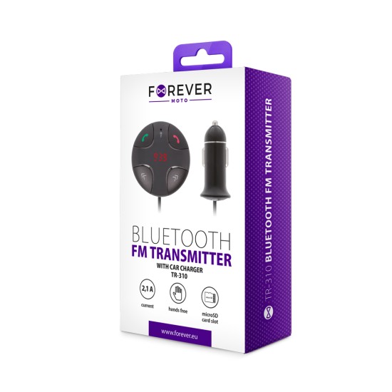 Forever TR-310 Car Kit HandsFree FM Transmitter ar Bluetooth V4.2 EDR 12/24V USB 2.1A - USB FM Transmiteris un auto lādētājs, MP3 Audio atskaņotājs, automašinas bezvadu brīvroku sistēma