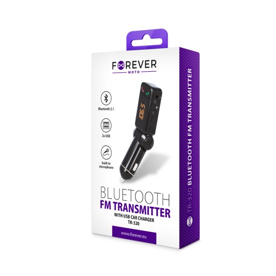 Forever TR-320 Car Kit HandsFree FM Transmitter ar Bluetooth V4.2 EDR 12/24V USB 2x2.1A - USB FM Transmiteris un auto lādētājs, MP3 Audio atskaņotājs, automašinas bezvadu brīvroku sistēma