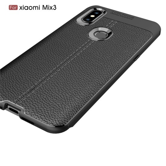 Litchi Skin PU Leather Coated TPU Mobile Phone Case priekš Xiaomi Mi Mix 3 - Melns - ādas imitācijas triecienizturīgs silikona aizmugures apvalks (maciņš, bampers, vāciņš, slim cover, bumper, back case)