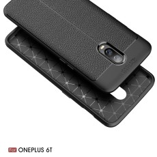 Litchi Skin PU Leather Coated TPU Mobile Phone Case priekš OnePlus 6T - Melns - ādas imitācijas triecienizturīgs silikona aizmugures apvalks (maciņš, bampers, vāciņš, slim cover, bumper, back case)