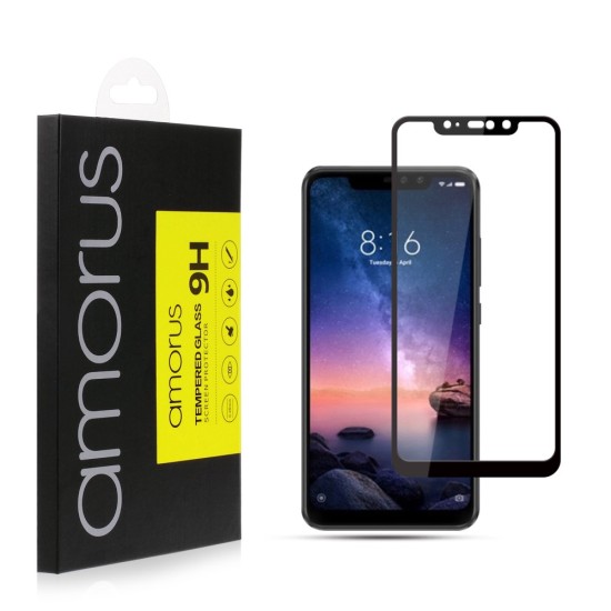 AMORUS Full Glue Silk Printing Tempered Glass Full Screen Protector priekš Xiaomi Redmi Note 6 Pro - Melns - Ekrāna Aizsargstikls / Bruņota Stikla Aizsargplēve (Full screen size curved)
