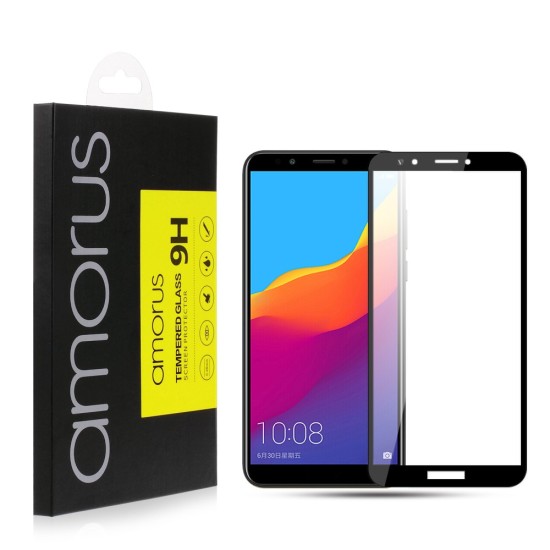 AMORUS Full Glue Silk Printing Tempered Glass Full Screen Protector priekš Huawei Honor 7A / Y6 Prime (2018) - Melns - Ekrāna Aizsargstikls / Bruņota Stikla Aizsargplēve (Full screen size curved)