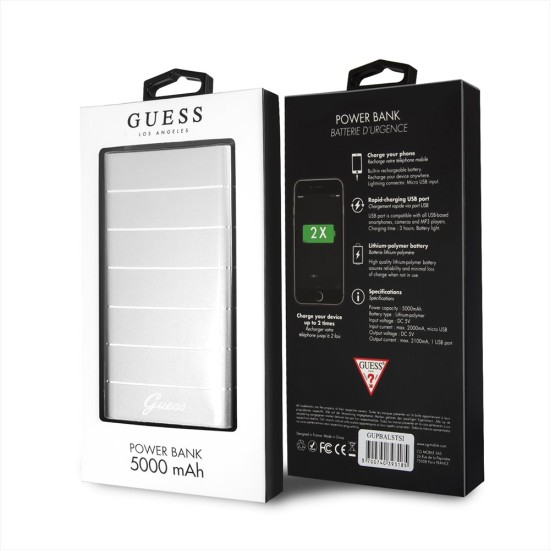 Guess Stripes Alluminium GUPBALSTSI Power Bank 5000mAh USB 5V 1x2.1A Ligzda - Sudrabains - Universāla ārējas uzlādes batereja lādētājs-akumulators (Power Bank)
