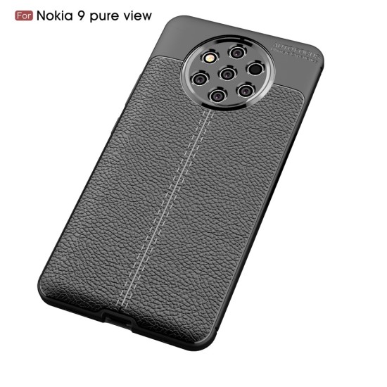 Litchi Skin PU Leather Coated TPU Mobile Phone Case priekš Nokia 9 PureView - Melns - ādas imitācijas triecienizturīgs silikona aizmugures apvalks (maciņš, bampers, vāciņš, slim cover, bumper, back case)