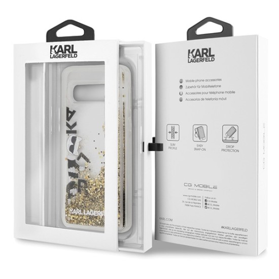 Karl Lagerfeld Glitter Floatting Charms series KLHCS10ROGO priekš Samsung Galaxy S10 G973 - Zelts - plastikāta apvalks (bampers, vāciņš, slim TPU case cover, bumper)