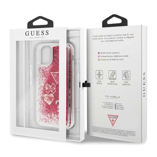 Guess Glitter Hearts Liquid series GUHCN65GLHFLRA priekš Apple iPhone 11 Pro Max - Sarkans - plastikāta apvalks (bampers, vāciņš, slim TPU case cover, bumper)