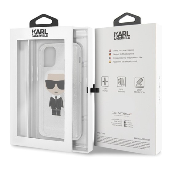 Karl Lagerfeld Iconic Karl Glitter series Back Case KLHCN65TPUTRIKSL priekš Apple iPhone 11 Pro Max - Sudrabains - silikona-plastikāta apvalks / maciņš