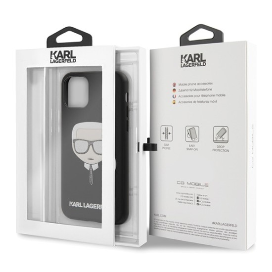 Karl Lagerfeld Iconic Embossed Karl with Glitter series KLHCN58GLBK priekš Apple iPhone 11 Pro - Melns - mākslīgās ādas aizmugures apvalks / maciņš