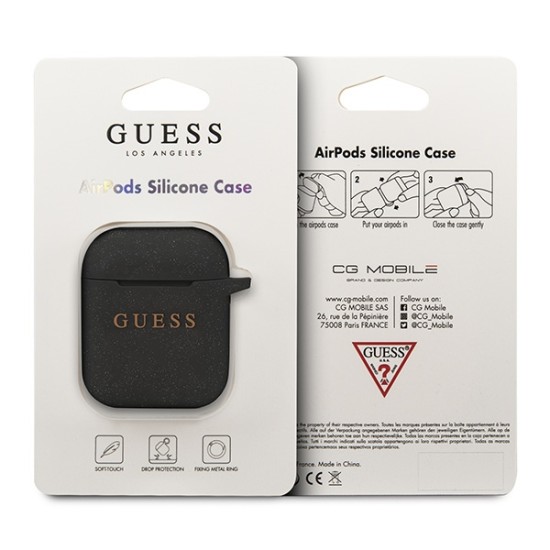 Guess GUACCSILGLBK Silicone Case priekš Apple Airpods - Melns - silikona apvalks bezvadu austiņu lādēšanas ierīcei