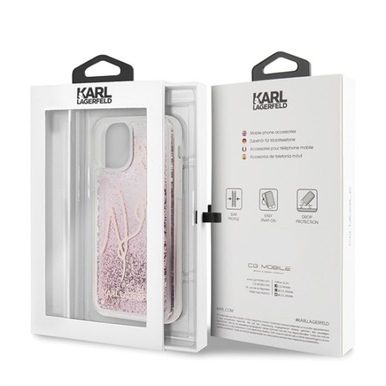 Karl Lagerfeld Glitter Liquid Signature series KLHCN58TRKSRG priekš Apple iPhone 11 Pro - Rozā Zelts - plastikāta apvalks (bampers, vāciņš, slim TPU case cover, bumper)