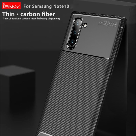 IPAKY Carbon Fiber Texture Soft TPU Heat Dissipation Back Airbag Case priekš Samsung Galaxy Note 10 N970 - Melns - Triecienizturīgs silikona aizmugures apvalks (bampers, vāciņš, slim TPU silicone case shell cover, bumper)